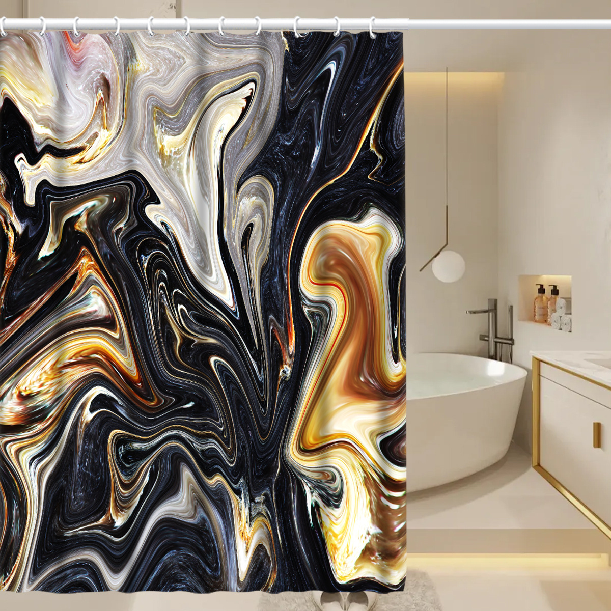 Black and Gold 100%Polyester Shower Curtain Luxury Style Marble Pattern Bathroom Curtain 72*72In for Hotel