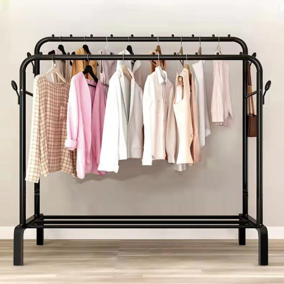 Double Rod Storage Space Hanging Clothes Rack Bedroom Level Roller Coat Rack with Shelves and Side Hooks