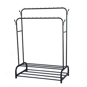 Double Rod Storage Space Hanging Clothes Rack Bedroom Level Roller Coat Rack with Shelves and Side Hooks