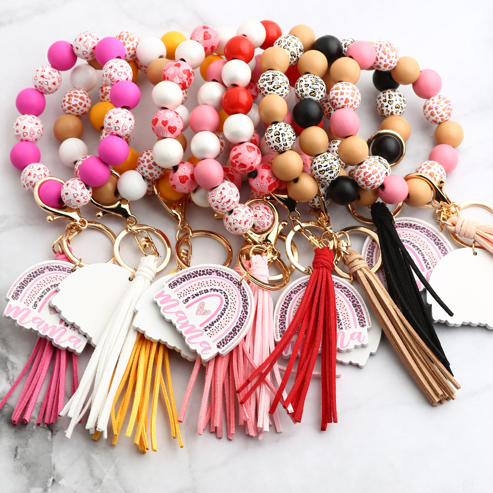 New Wood Beads Bracelet Wooden Keychain Leather Tassel Wristlet Keychains