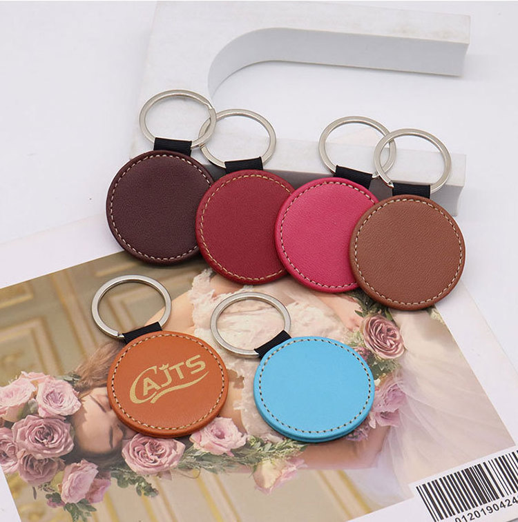 Custom Logo Laser Carved PU Round Keychain Wallet Leather Keychain