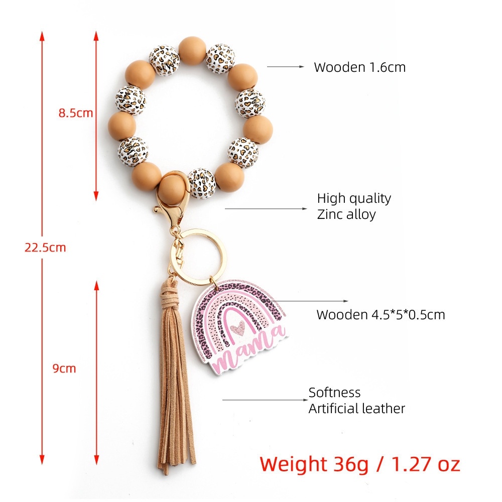 New Wood Beads Bracelet Wooden Keychain Leather Tassel Wristlet Keychains