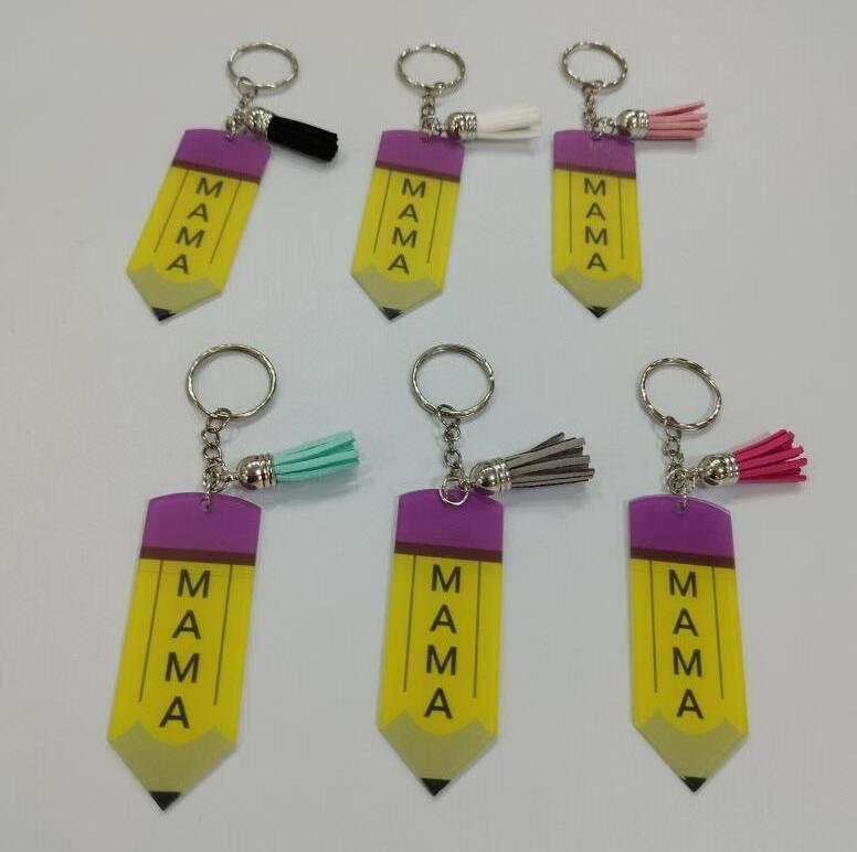 BSBH Customized Blank Tassel Keyring Pencil Keychain Graduation Gift Custom Acrylic Teacher Opp Bag Alloy Carabiner Keychain JZ