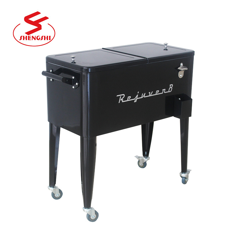 Black rolling ice chest portable patio party drink ice cooler cart on wheels