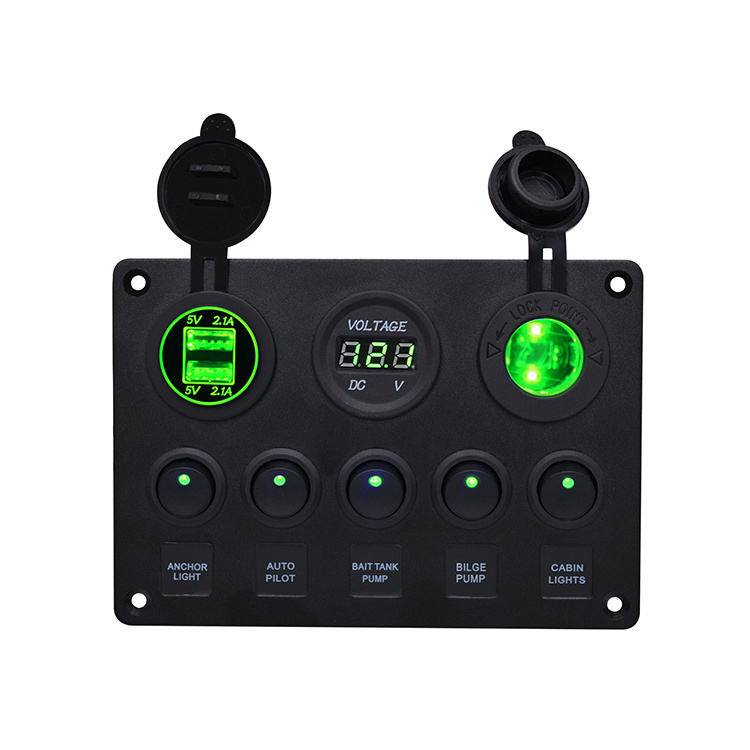 Waterproof 5 Gang Green LED Circuit Breaker 12V 24V Car Marine Boat Switch Panel