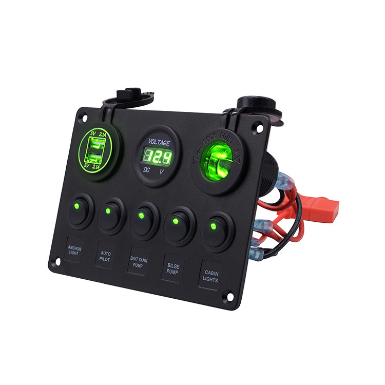 Waterproof 5 Gang Green LED Circuit Breaker 12V 24V Car Marine Boat Switch Panel