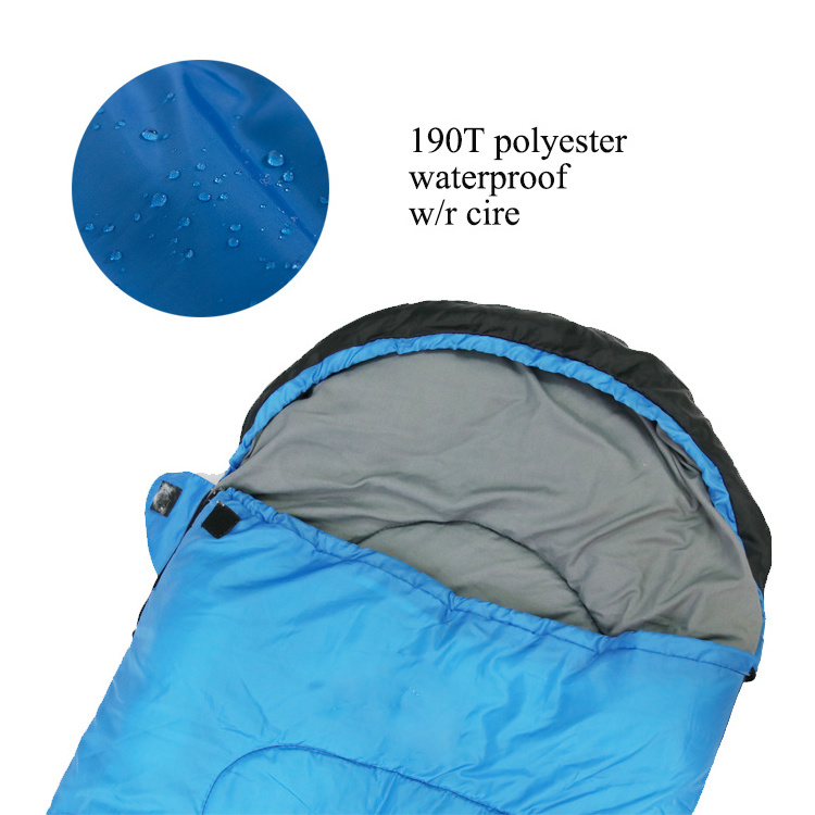 Hot Sale Outdoor Hood Envelope Sleeping Bag 190T Camping Sleeping Blue Bag Waterproof