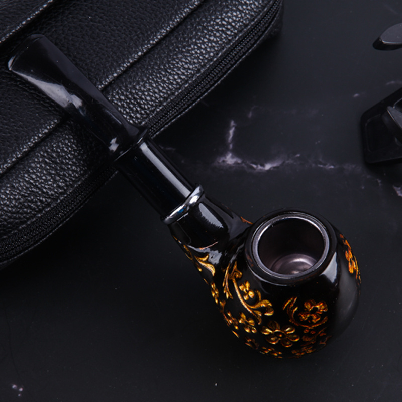 Fashion Black Bent Type Resin Bakelite Wood Smoking Pipe and Accessories Engraved Men's Smoke Pipes Tobacco Pipes