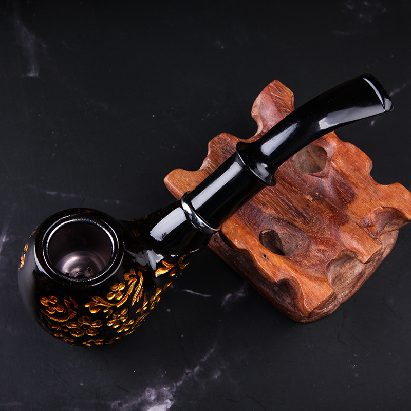 Fashion Black Bent Type Resin Bakelite Wood Smoking Pipe and Accessories Engraved Men's Smoke Pipes Tobacco Pipes