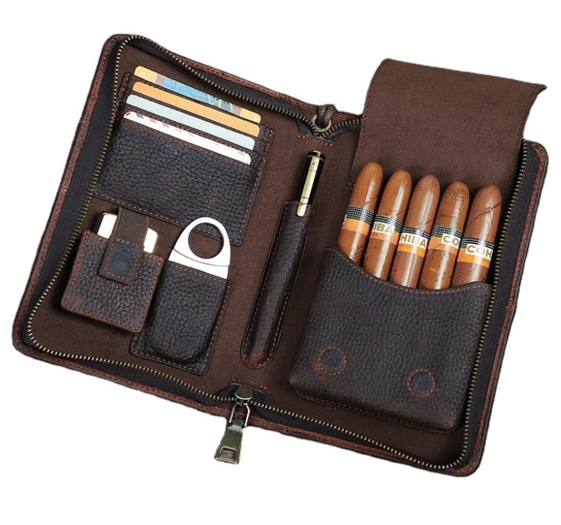 Luxury Gift For Men Leather Cigar Case Reusable Cigar Tools Portable Box Cigar Cutter Seat case Travel Storage Case