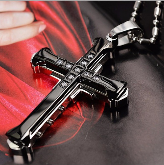 New Male Crystal Zirconia Black Stainless Steel Jesus Cross Necklace Pendant Jewelry For Men Gift