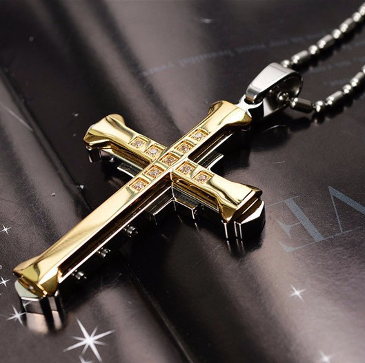 New Male Crystal Zirconia Black Stainless Steel Jesus Cross Necklace Pendant Jewelry For Men Gift