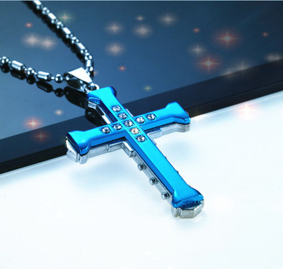 New Male Crystal Zirconia Black Stainless Steel Jesus Cross Necklace Pendant Jewelry For Men Gift