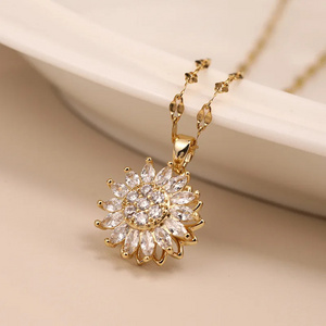 Double-layer Rotatable Sunflower Pendant Necklaces For Women Chain Choker Stainless Steel Jewelry Accessories Free Shipping Item