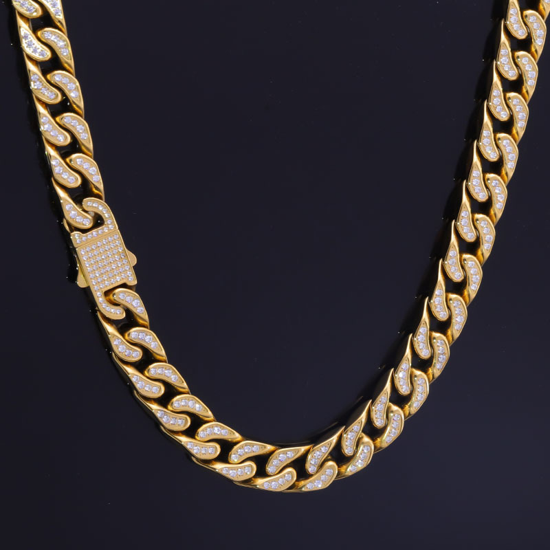 Hip-Hop Golden Curb Cuban Link Chain Necklace for Men Stainless Steel Iced Out Bling cz Cuban Link For Birthday Gift