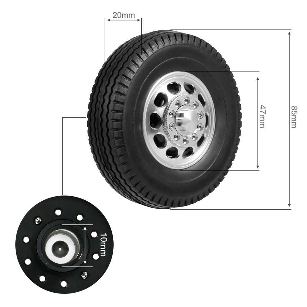 2pcs RC Trailer Front Rear Wheels Tire Tyre with 10 Spokes Aluminum Alloy Hubs for 1/14 Tamiya Tractor Truck RC Climber Trailer