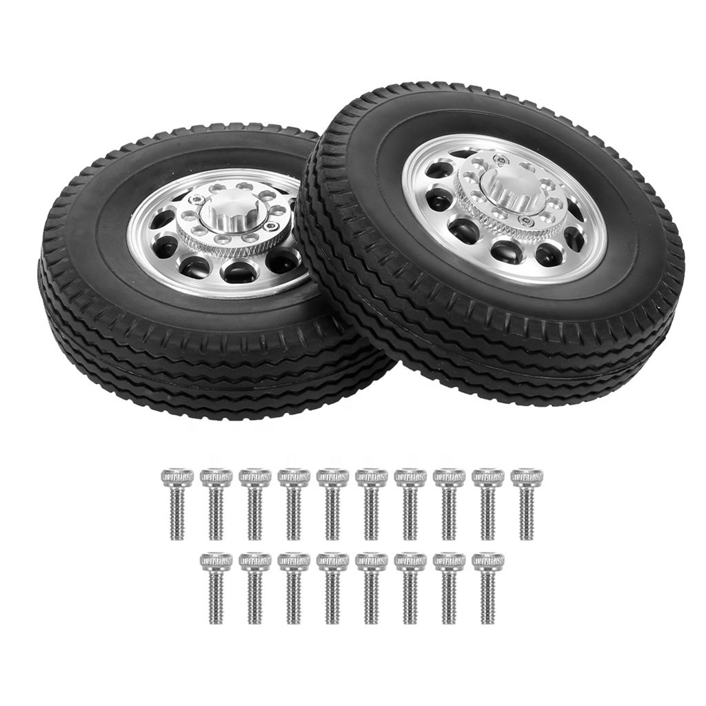 2pcs RC Trailer Front Rear Wheels Tire Tyre with 10 Spokes Aluminum Alloy Hubs for 1/14 Tamiya Tractor Truck RC Climber Trailer