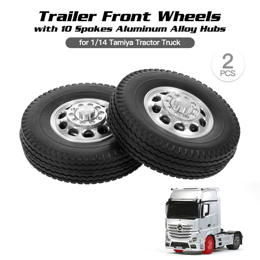 2pcs RC Trailer Front Rear Wheels Tire Tyre with 10 Spokes Aluminum Alloy Hubs for 1/14 Tamiya Tractor Truck RC Climber Trailer