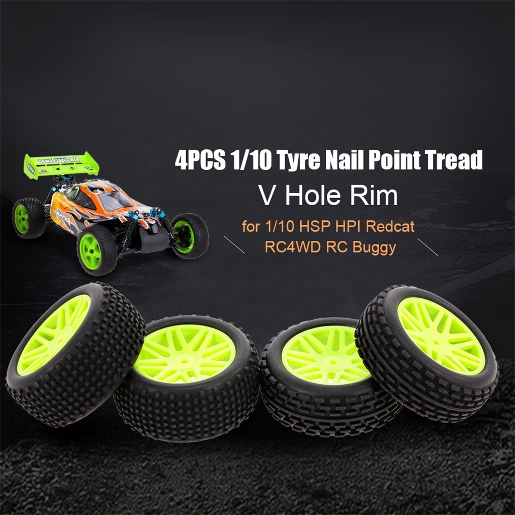 4pcs Universal 1/10 Scale Off Road Buggy Tires V Hole Wheel Rims Set Front and Rear 12mm Hex Hubs with Foam Inserts