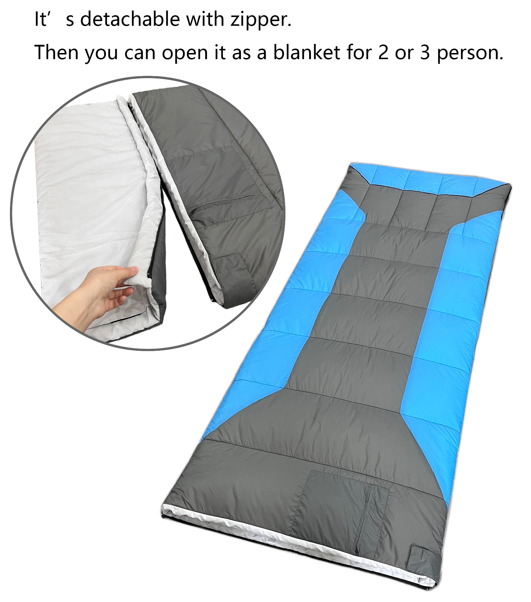 High Grade Waterproof Nylon 3 Season Blue and Grey Envelope Type Sleeping Bag