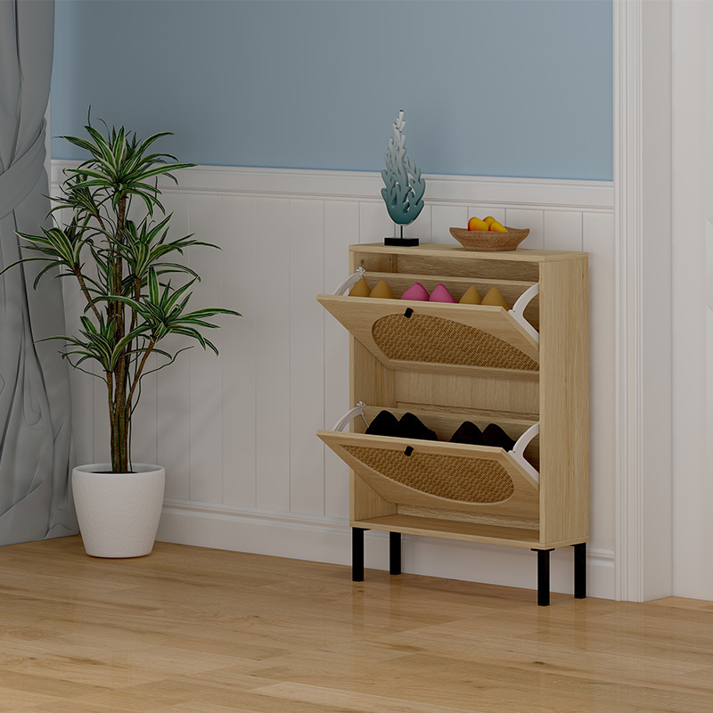 Wholesale Space Saving Home Simple Hallway Room Furniture Solid Wood Storage Rattan Shoe Cabinet