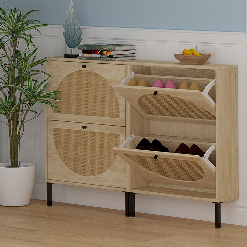 Wholesale Space Saving Home Simple Hallway Room Furniture Solid Wood Storage Rattan Shoe Cabinet