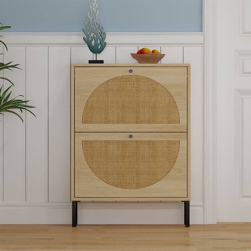 Wholesale Space Saving Home Simple Hallway Room Furniture Solid Wood Storage Rattan Shoe Cabinet