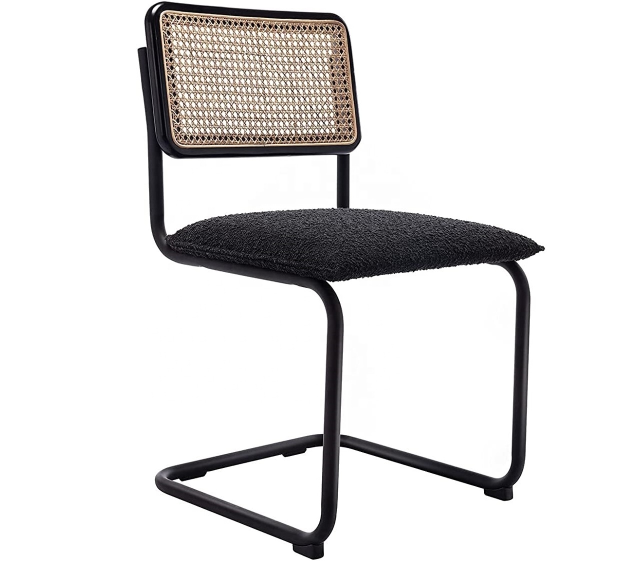 Rattan Dining Chairs with Black Metal Legs and Cane Back, Mid-Century Modern Upholstered Side Chair for Kitchen