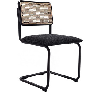 Rattan Dining Chairs with Black Metal Legs and Cane Back, Mid-Century Modern Upholstered Side Chair for Kitchen