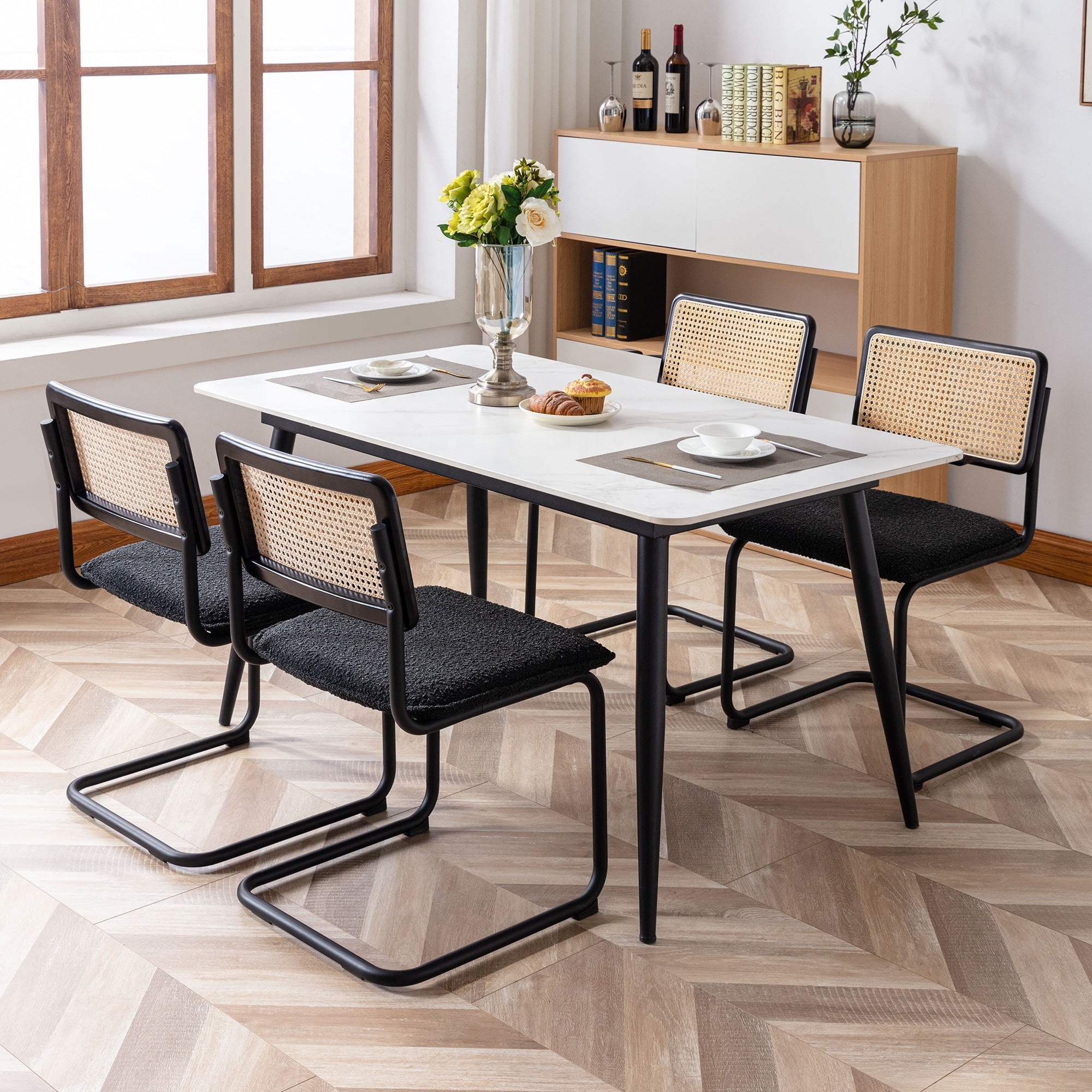 Rattan Dining Chairs with Black Metal Legs and Cane Back, Mid-Century Modern Upholstered Side Chair for Kitchen