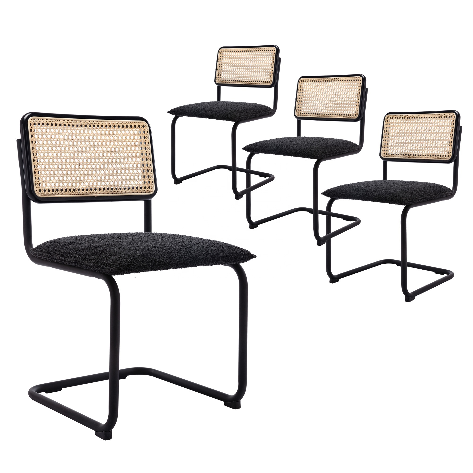 Rattan Dining Chairs with Black Metal Legs and Cane Back, Mid-Century Modern Upholstered Side Chair for Kitchen