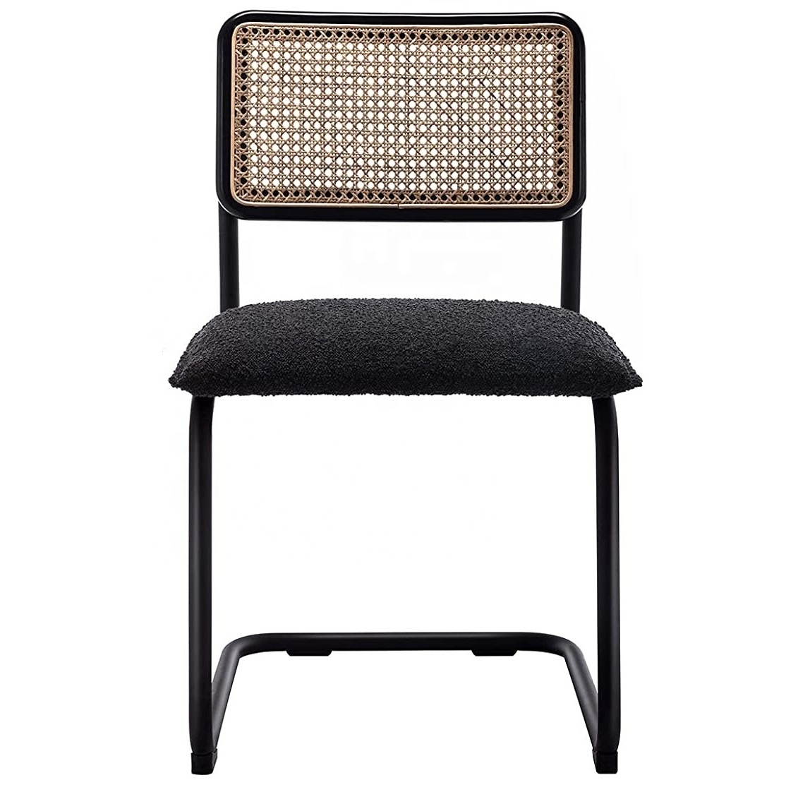 Rattan Dining Chairs with Black Metal Legs and Cane Back, Mid-Century Modern Upholstered Side Chair for Kitchen