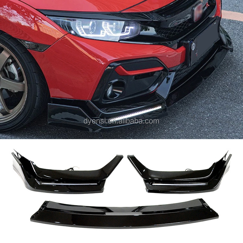 Gloss Black LED Front Bumper Lip Chin Spoiler Splitter 3 PCS LED Front Lip For Honda CIVIC Hatchback 2021+Modification