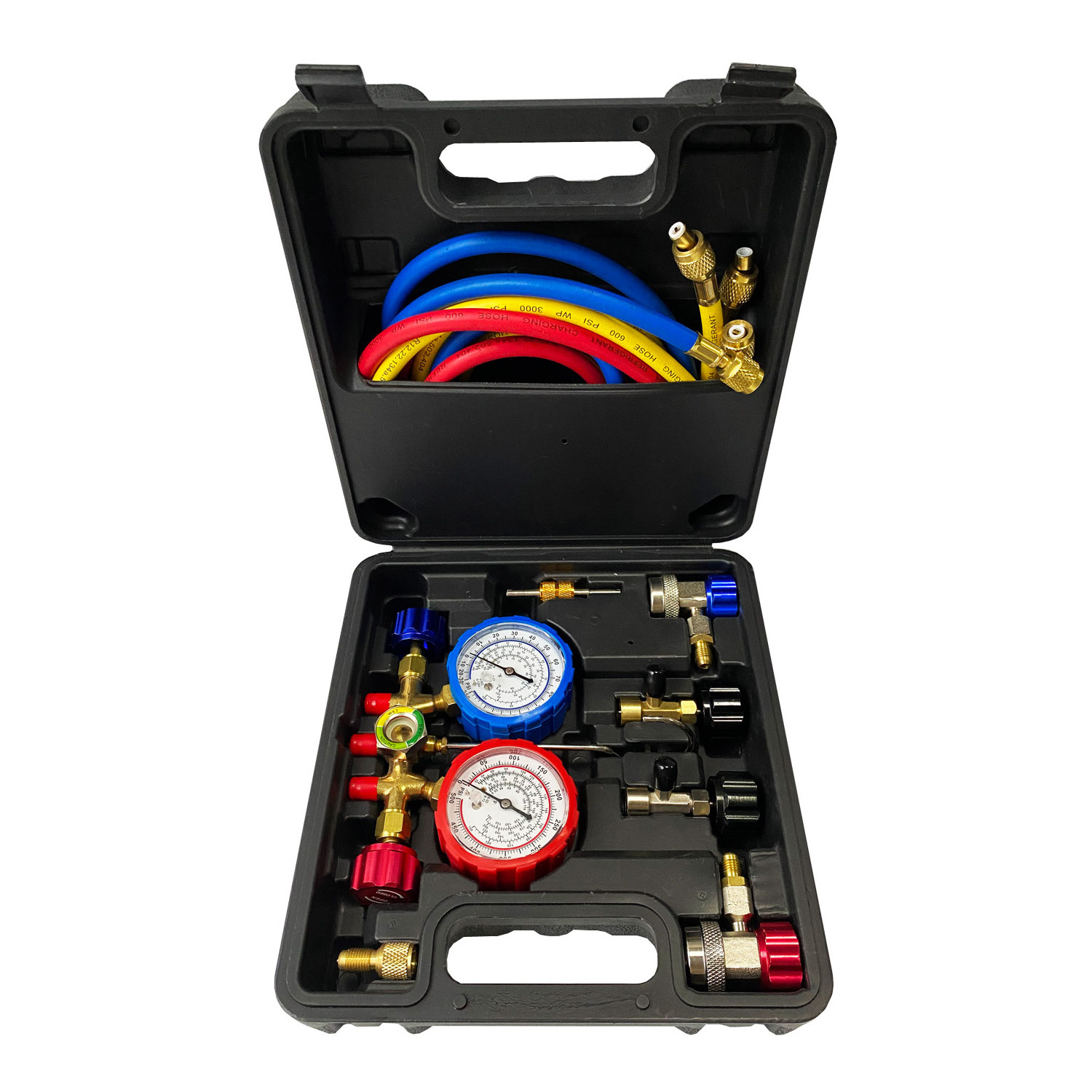 3 colors charging hose length 60 inches  R22 , R32 , R410a , R134a Double Meter Valve Aluminum Manifold Set Pressure Gauges