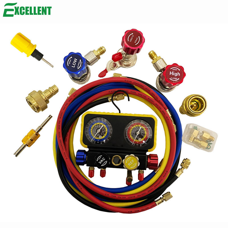 3 colors charging hose length 60 inches  R22 , R32 , R410a , R134a Double Meter Valve Aluminum Manifold Set Pressure Gauges