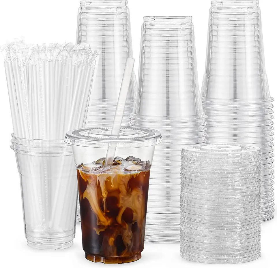 2024 wholesale 24oz disposable transparent PET plastic cups with flat  lid for cold drinks,coffee bubble Boba milk tea cups.