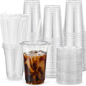 2024 wholesale 24oz disposable transparent PET plastic cups with flat  lid for cold drinks,coffee bubble Boba milk tea cups.