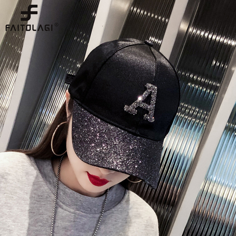 Wholesale Rhinestone Sequin Letter Baseball Adjustable  Cap Summer Girls Female Snapback Hip Hop Caps