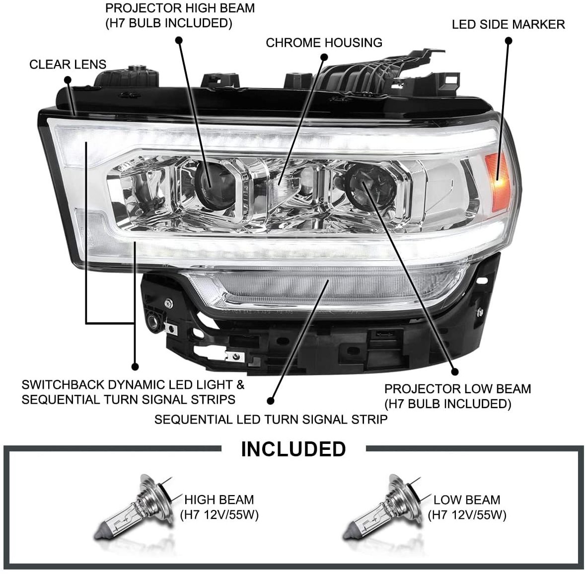 Chrome Housing Clear Lens Dual Projector Headlight LED Strip Headlamp FOR Dodge Ram 2500 3500 2019-2022 Headlight 68360176AD