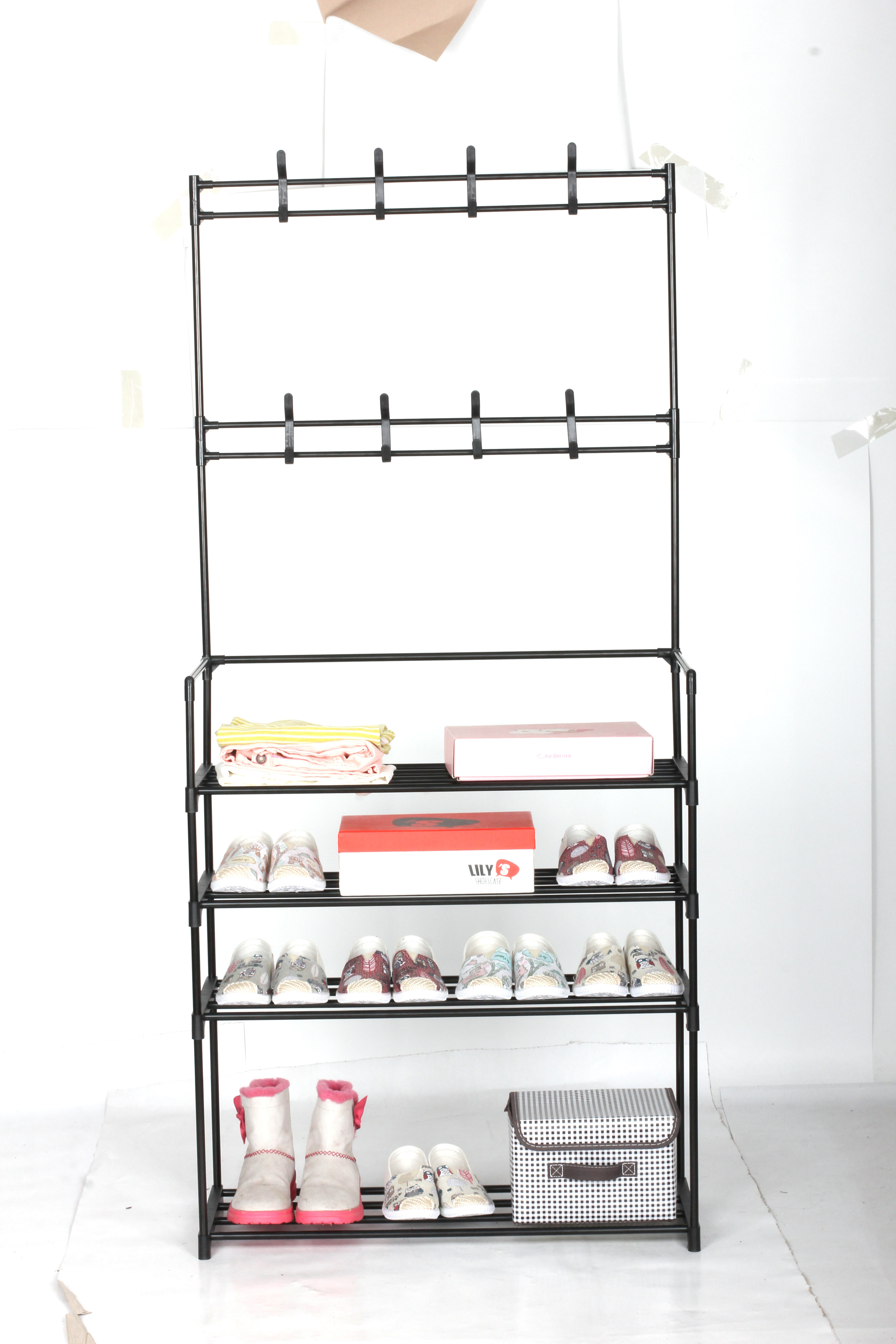 Entryway Freely-stand Hat Hooks Coat Hanger Rack Stand with shoe rack Storage Shelf