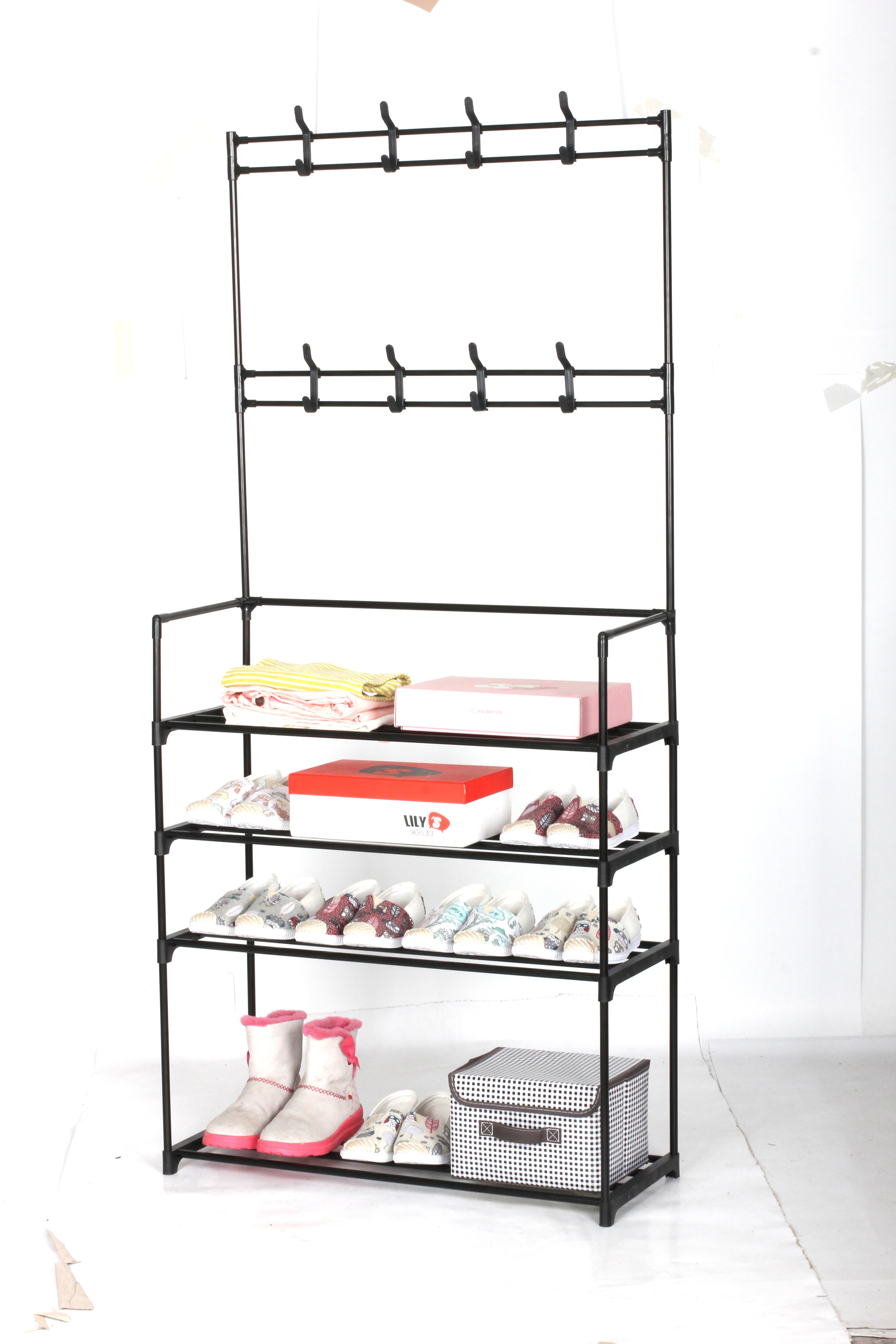 Entryway Freely-stand Hat Hooks Coat Hanger Rack Stand with shoe rack Storage Shelf