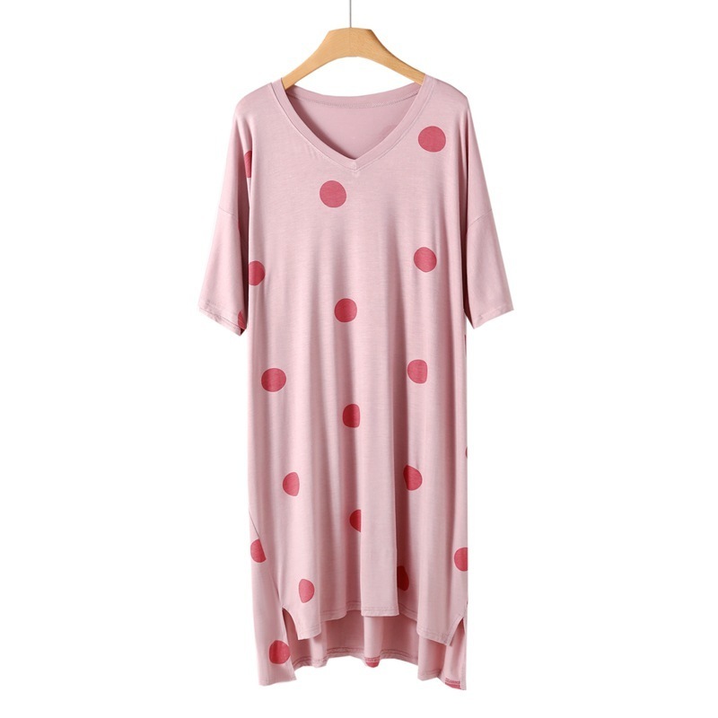 Summer Women's  dress loose nightgown thin short-sleeved V-neck fresh polka dot front short back long skirt