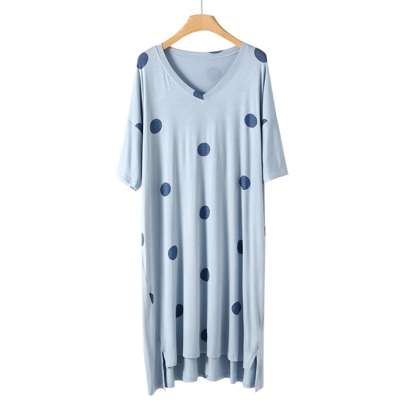 Summer Women's  dress loose nightgown thin short-sleeved V-neck fresh polka dot front short back long skirt