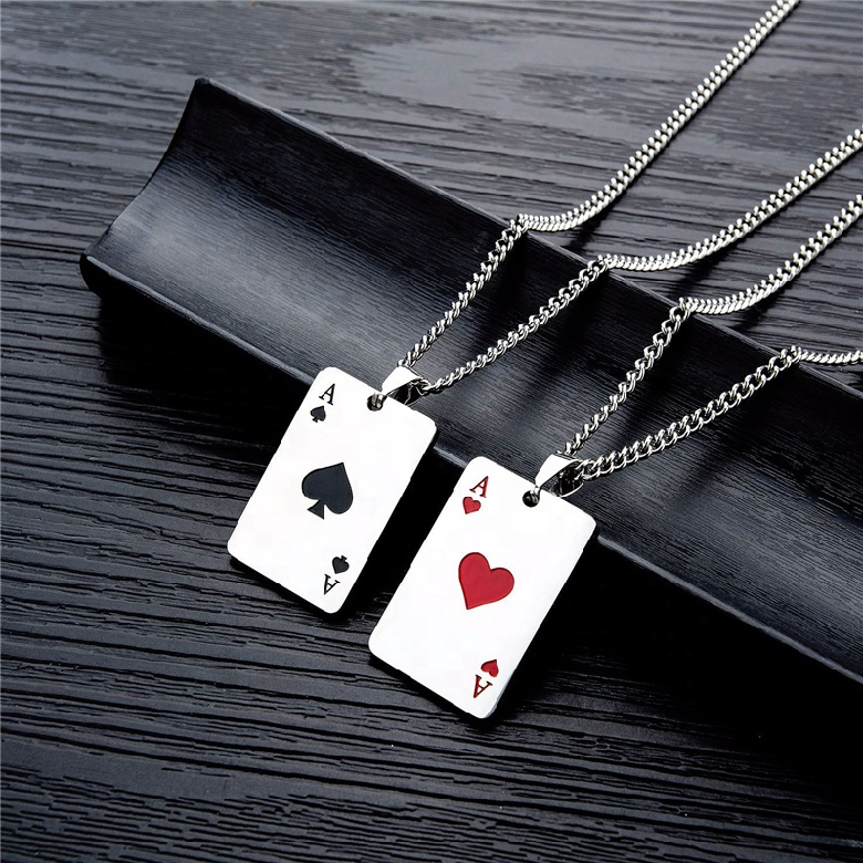 Stainless Steel Four Aces Cards Casino Poker Las Vegas Gambling Playing Cards Pendant Necklaces Jewelry