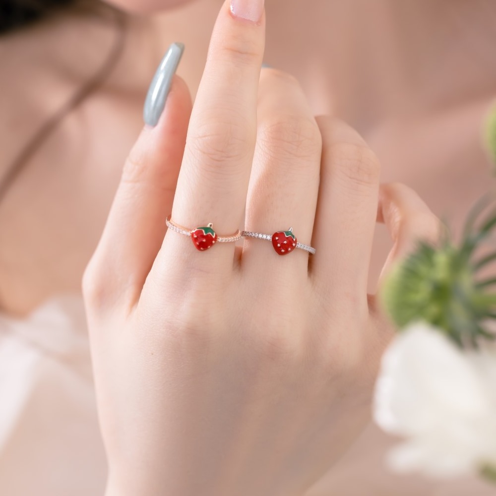 Dylam Tiny Design S925 Silver Rhodium Rose Gold Plated Cartoon Strawberry Dainty Jewelry Rings for Women Daily Dress Up