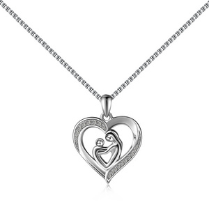 Dylam Elegant Design Sterling Silver Rhodium Plated Mother's Day Gift Mother and Child Heart Shape 5A Zirconia Pendant Necklace