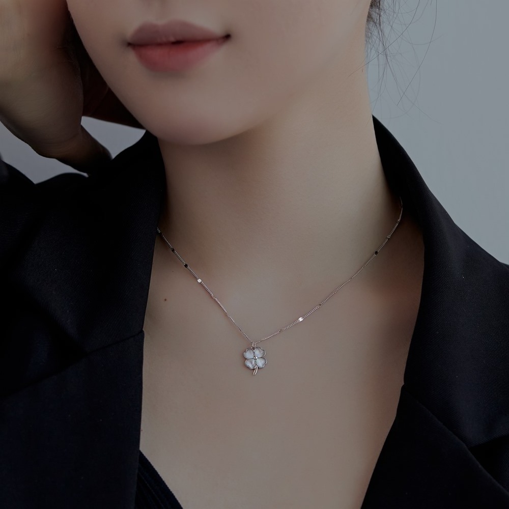 Dylam Fashion Fine Jewelry S925 Silver Rhodium 18K Gold Plated Cat Eye Stone Lucky Four Leaf Clover Pendant Necklace