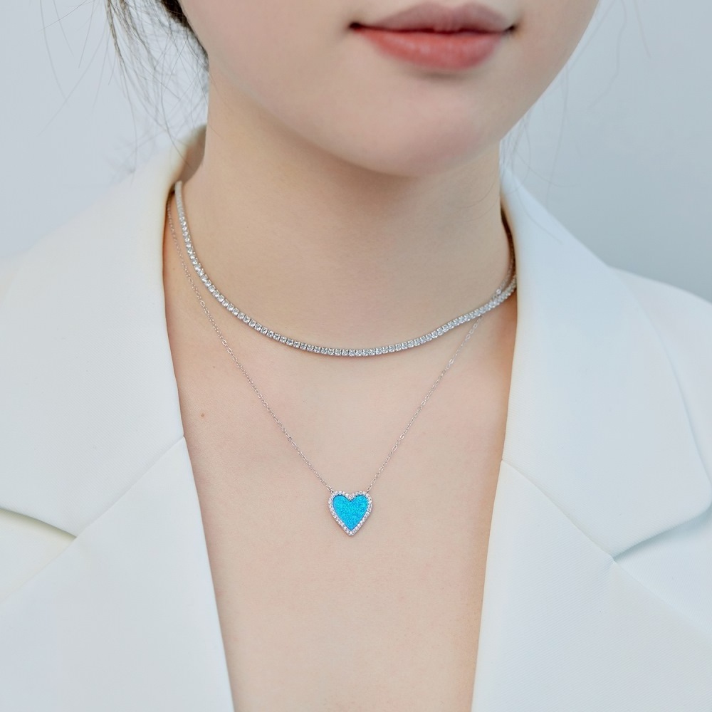 Choker Jewelry Wholesale Birthday Opal Stone Month Jewelry Diamond Heart Charm Pendant s925 Sterling silver Necklaces Women