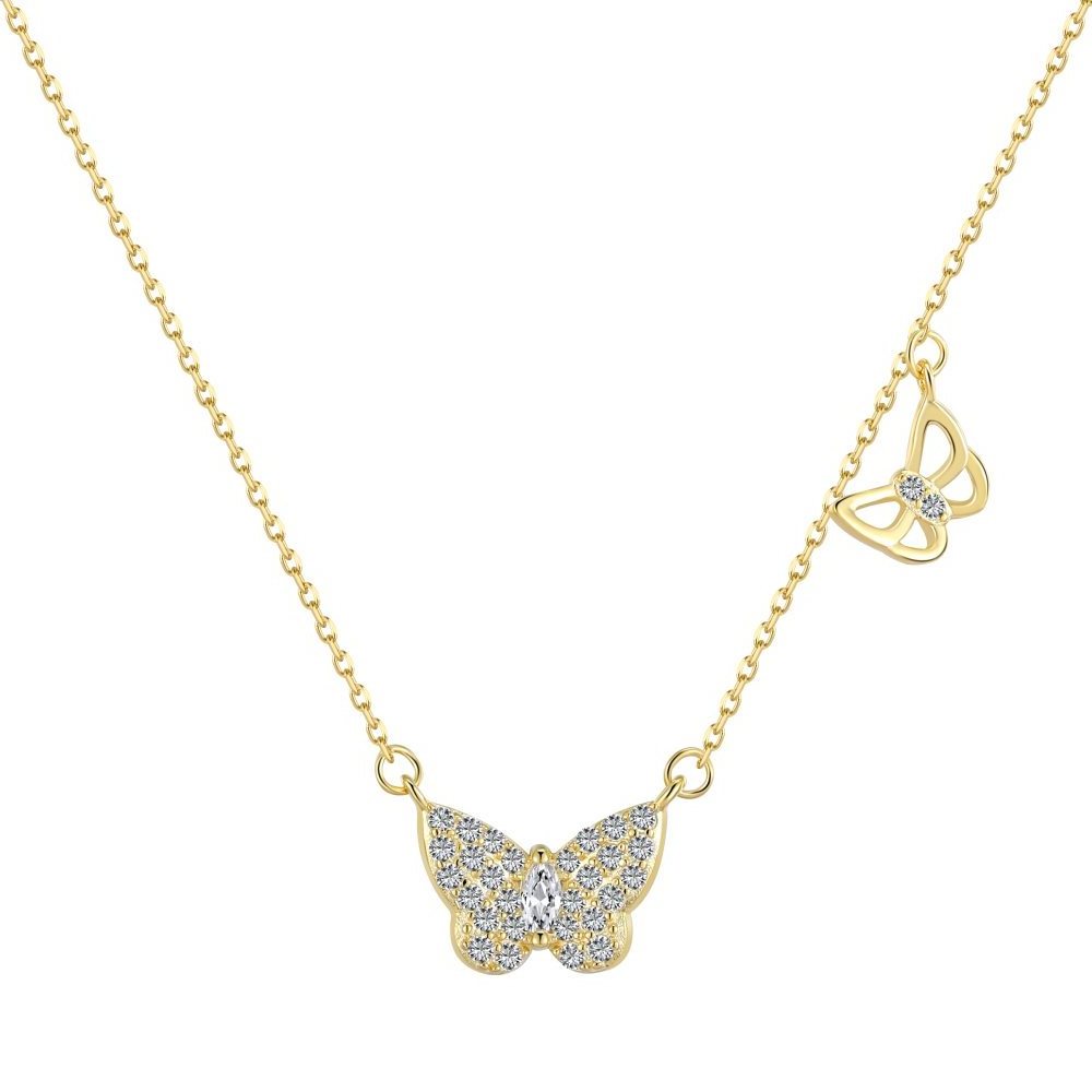 Factory 925 Sterling Silver Necklace Cubic Zircon 18K Gold Plated Jewelry Delicate Double Butterfly Pendent Necklaces For Women