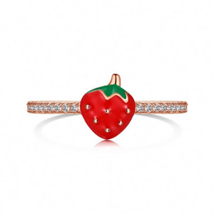 Dylam Trendy Cutie Sweet Cherry Strawberry Diamond S925 Silver Ring Rose Gold Plated Finger Rings Jewelry Girl Women Gifts